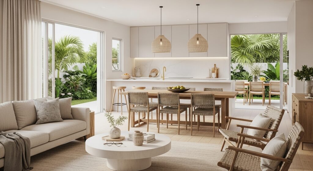 A bright, modern open-plan living and dining room with a neutral color palette