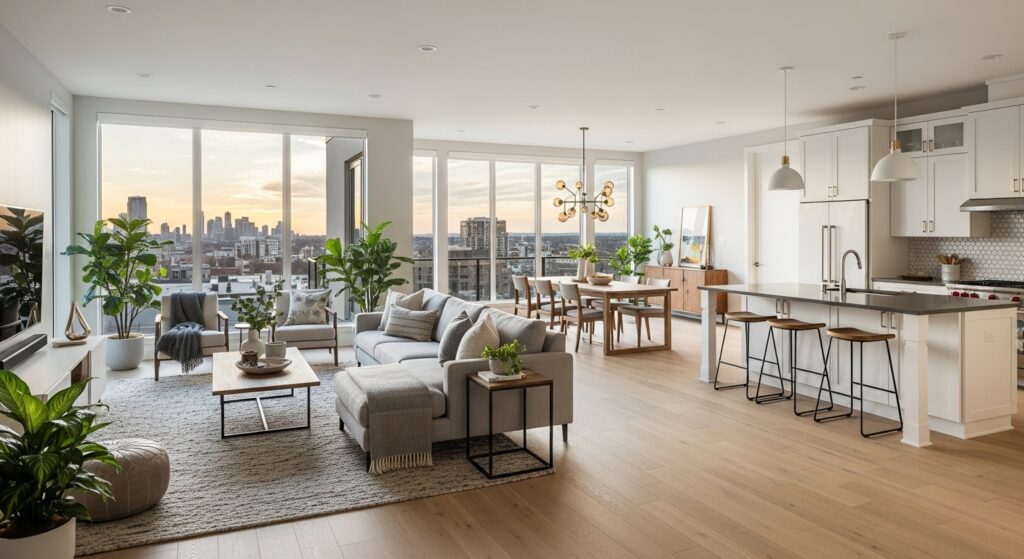 A room with open plan living room
