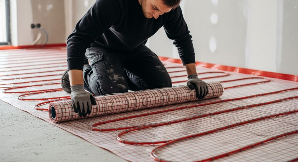 worker in black clothing and gloves is installing electric underfloor heating