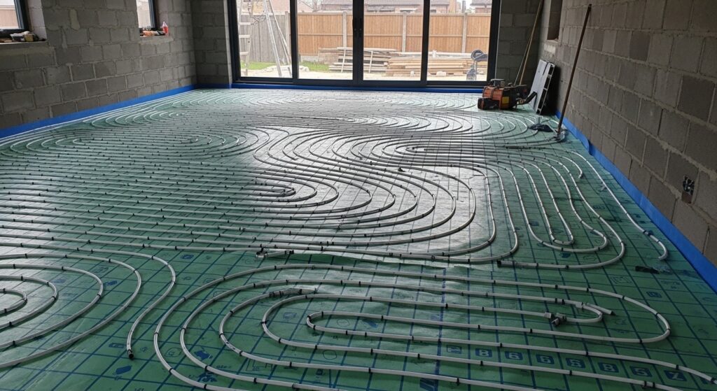 An underfloor heating installation in progress inside a room with unfinished walls made of exposed cinder blocks