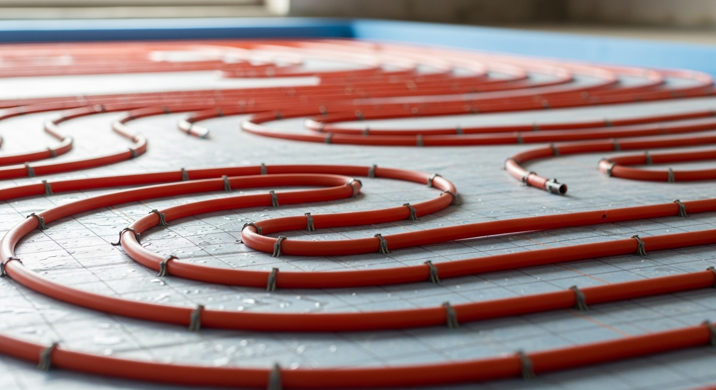 Close up view of underfloor heating pipes