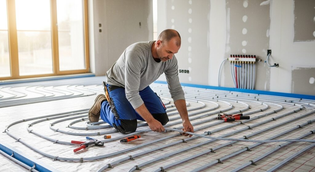 Installation of underfloor heating pipes on a room