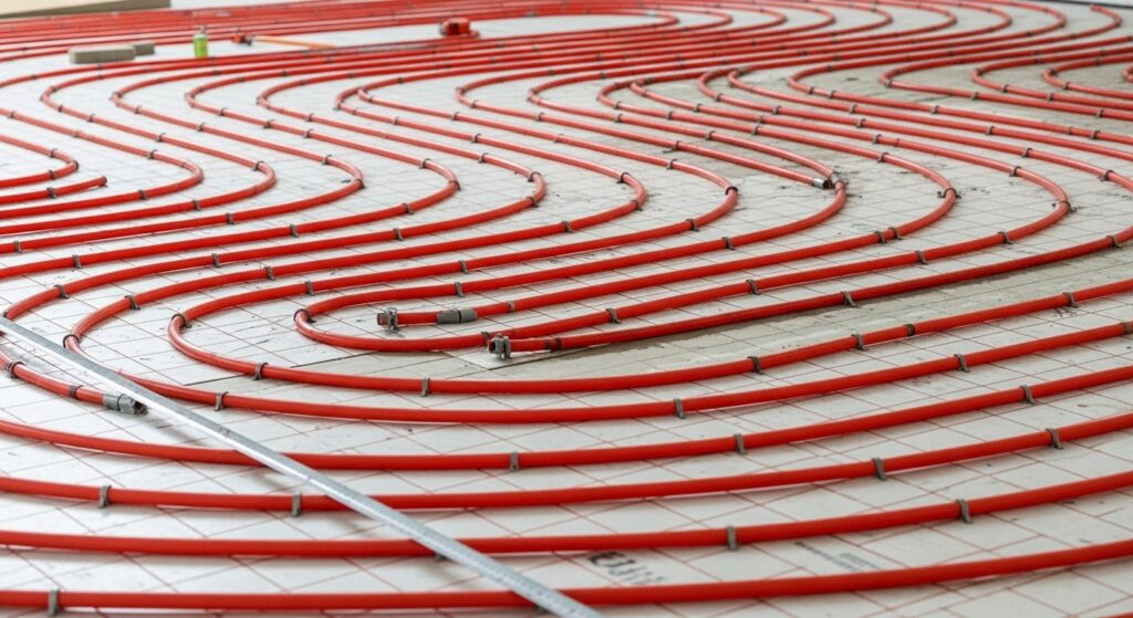 Red underfloor heating pipes
