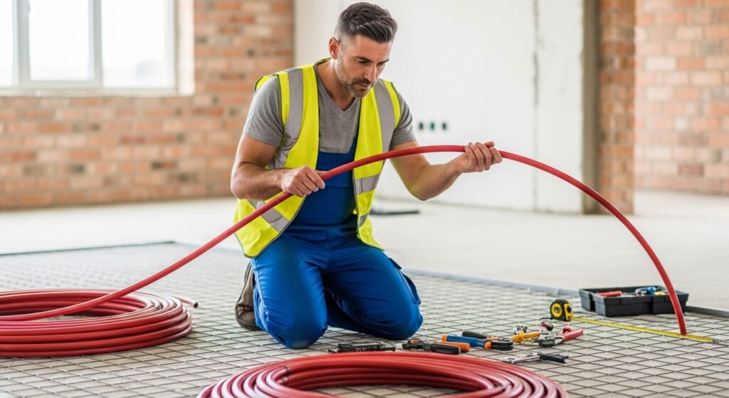 A technician holding underfloor heating pipes