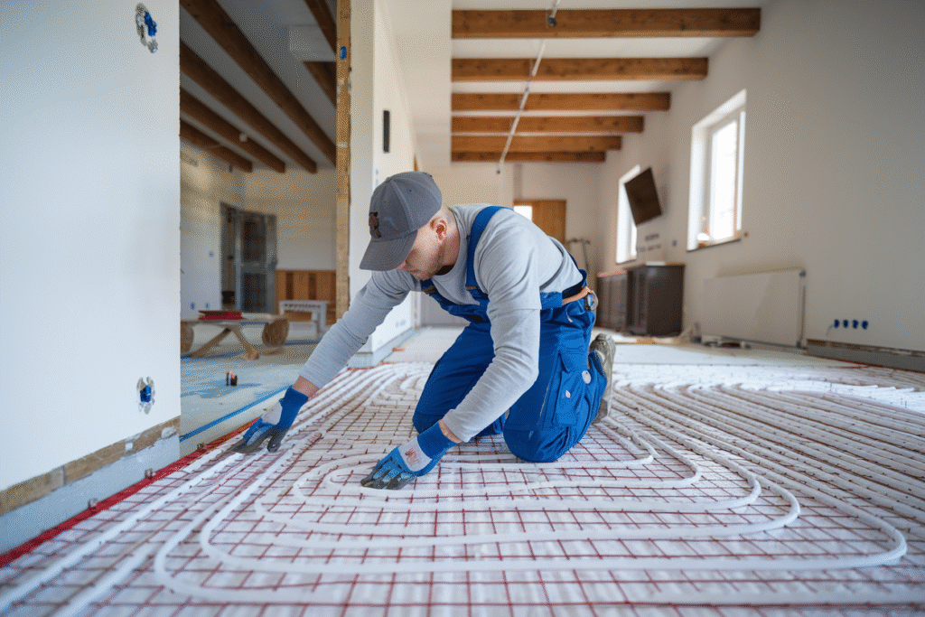 A person installing a hydronic underfloor heating system in a partially renovated room.
