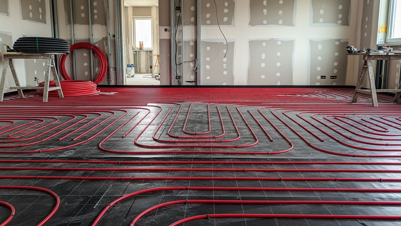 Underfloor heating pipes neatly arranged in curved and straight patterns