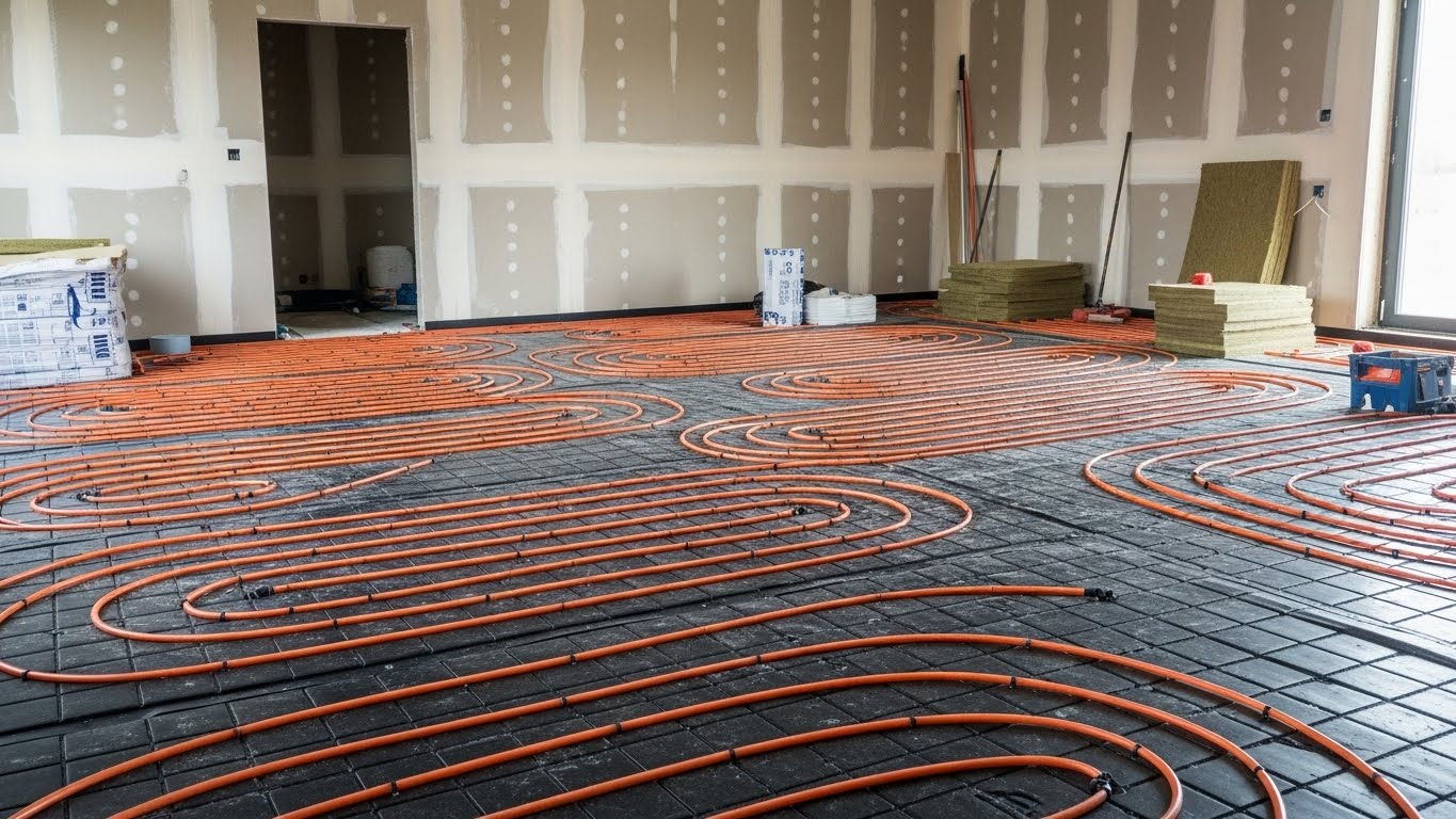 Red underfloor heating pipes on the floor